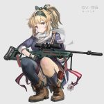  1girl blonde_hair blue_shirt brown_footwear commentary_request full_body girls_frontline gloves grey_background gun hairband holding holding_weapon kesomaru long_hair looking_at_viewer mismatched_legwear ponytail red_eyes rifle russian_flag scarf shirt shoes short_hair shorts smile sniper_rifle solo sv-98 sv-98_(girls_frontline) thigh-highs title weapon white_scarf 