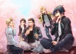  1girl 4boys :3 adjusting_eyewear alternate_costume black_hair blonde_hair bottle brother_and_sister brown_hair camera can carbuncle_(final_fantasy) casual cherry_blossoms closed_eyes coca-cola collarbone eating facial_hair final_fantasy final_fantasy_xv gladiolus_amicitia glass_bottle glasses ignis_scientia indian_style iris_amicitia jacket looking_at_another multiple_boys noctis_lucis_caelum obentou picnic prompto_argentum rayu scar short_hair siblings sitting smile soda_can spiky_hair suspenders tree 