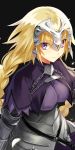  1girl armor armored_dress blonde_hair braid chains eyebrows_visible_through_hair fate/apocrypha fate_(series) faulds floating_hair headpiece jeanne_d&#039;arc_(fate) jeanne_d&#039;arc_(fate)_(all) long_hair looking_at_viewer shokill single_braid solo very_long_hair violet_eyes 