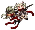  1boy 1girl black_gloves checkered checkered_legwear chibi closed_mouth dagger dual_wielding facial_mark gloves hair_between_eyes holding holding_dagger holding_weapon kaieda_hiroshi long_hair original red_eyes red_scarf scarf short_eyebrows thigh-highs transparent_background twintails weapon 