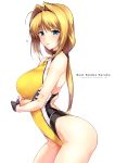  1girl ahoge blonde_hair blue_eyes breast_hold breasts breath choker choukou_sennin_haruka competition_swimsuit contrapposto covered_navel cowboy_shot crossed_arms fingerless_gloves from_side gloves hair_intakes hairband harukon_(halcon) heart highres large_breasts long_hair looking_at_viewer low_ponytail one-piece_swimsuit parted_lips sidelocks simple_background skindentation solo swimsuit takamori_haruka white_background 