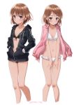  2girls :&lt; artist_name bikini black_bikini blush breasts brown_eyes cropped_legs front-tie_bikini front-tie_top hands_in_pockets highres hood hooded_jacket hoodie jacket jacket_on_shoulders looking_at_viewer multiple_girls navel open_clothes open_jacket original partially_unzipped puma_(hyuma1219) short_hair siblings simple_background sisters small_breasts swimsuit twitter_username v-shaped_eyebrows white_background white_bikini 