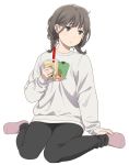  1girl :t braid brown_hair cup disposable_cup drinking_straw green_eyes holding holding_cup mattaku_mousuke original sitting solo twin_braids wariza white_background 