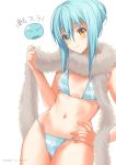  1girl aqua_bikini artist_name bangs bikini blue_hair blush breasts closed_mouth commentary_request cowboy_shot dutch_angle eyebrows_visible_through_hair fur_scarf genderswap genderswap_(mtf) hair_between_eyes hair_bun hand_on_hip head_tilt highres lips long_hair looking_at_viewer navel rimuru_tempest saikawa_yusa simple_background slime small_breasts smile solo standing striped striped_bikini sweatdrop swimsuit tensei_shitara_slime_datta_ken thighs white_background yellow_eyes 