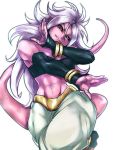  1girl abs android_21 android_21_(evil) black_sclera black_tank_top bracelet breasts detached_sleeves dragon_ball dragon_ball_fighterz evil_smile fingerless_gloves gloves head_tilt jewelry leg_lift long_hair majin_android_21 monster_girl pants puffy_pants red_eyes simple_background smile solo st62svnexilf2p9 tail tank_top white_background white_hair white_pants 