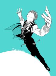  1boy aqua_background cacao_(umri) collared_shirt copyright_name foreshortening ice_skates jewelry looking_up male_focus monochrome necktie pants ring shirt skates smile viktor_nikiforov waistcoat yuri!!!_on_ice 