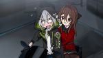  2girls aek-999_(girls_frontline) blush brown_eyes brown_hair deathalice female_commander_(girls_frontline) girls_frontline ground_vehicle hood hooded_jacket hug hug_from_behind jacket karakai_jouzu_no_takagi-san motor_vehicle motorcycle multiple_girls open_mouth parody road silver_hair sweat 