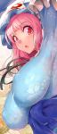  1girl arm_up bangs blue_hat blush breasts commentary_request erect_nipples eyebrows_visible_through_hair floral_print hat highres large_breasts looking_at_viewer mob_cap open_mouth pink_eyes pink_hair saigyouji_yuyuko sash short_hair solo touhou triangular_headpiece umigarasu_(kitsune1963) upper_body 