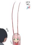  /\/\/\ 1boy 1girl absurdres bangs black_hair cloba commentary_request darling_in_the_franxx green_eyes hair_ornament hairband highres hiro_(darling_in_the_franxx) horns long_hair long_horns long_sleeves military military_uniform necktie oni_horns orange_neckwear pink_hair red_horns straight_hair uniform white_hairband zero_two_(darling_in_the_franxx) 