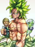  1girl 2boys :o abs arm_at_side armor broly_(dragon_ball_super) cheelai clenched_hand close-up dragon_ball dragon_ball_super_broly fingernails frown gloves green_hair grey_background hands_on_own_cheeks hands_on_own_face hat lemo_(dragon_ball) looking_at_viewer multiple_boys muscle nervous orange_eyes scar serious shirtless short_hair simple_background spiky_hair st62svnexilf2p9 standing sweatdrop upper_body violet_eyes white_gloves white_hair yellow_eyes 