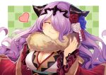  1girl breasts camilla_(fire_emblem_if) cleavage closed_eyes closed_mouth fire_emblem fire_emblem_heroes fire_emblem_if flower hair_flower hair_ornament hair_over_one_eye heart highres large_breasts long_hair nail_polish nakabayashi_zun nintendo purple_hair smile solo tiara upper_body 