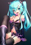  1girl animal_ears aqua_hair arm_at_side bangs bare_shoulders black_bra black_footwear black_jacket black_legwear black_skirt boots bow bra breasts butterfly_hair_ornament candy cleavage collarbone fingernails food garter_straps grey_nails hair_between_eyes hair_ornament hatsune_miku highres jacket knee_boots knee_up layered_skirt licking lollipop long_fingernails long_hair long_sleeves looking_at_viewer medium_breasts miniskirt nail_polish navel ninopal off_shoulder open_clothes open_jacket open_mouth partially_unbuttoned pink_bow project_diva_(series) saliva shiny shiny_hair sitting skirt solo thigh-highs tongue tongue_out twintails underwear very_long_hair vocaloid 