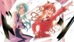  2girls :d aqua_hair bang_dream! bangs belt black_ribbon blue_dress brown_eyes brown_hair choker commentary_request crossed_arms dress earrings green_eyes grey_coat hair_ribbon halterneck hand_on_hip hikawa_sayo hoop_earrings imai_lisa jewelry long_sleeves multiple_girls official_art open_mouth outstretched_arm parted_lips red_choker red_shirt ribbon shirt smile v-shaped_eyebrows 