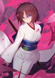  1girl aura black_hair blue_eyes cherry_blossoms eyebrows_visible_through_hair eyes_visible_through_hair floral_print glowing glowing_eyes highres japanese_clothes kara_no_kyoukai kimono langya_beike looking_at_viewer obi petals ryougi_shiki sash scabbard serious sheath short_hair standing sword tree weapon white_kimono wide_sleeves 