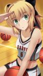 1girl :o ahoge artoria_pendragon_(all) bangs basketball blonde_hair breasts character_name cleavage collarbone crop_top eyebrows_visible_through_hair green_eyes head_tilt highres indoors paperfinger ponytail saber_lily salute shirt shorts sitting sleeveless small_breasts solo white_shirt white_shorts 