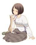  1girl bob_cut brown_hair cat closed_eyes long_skirt mattaku_mousuke original short_hair sitting skirt sweater white_background yokozuwari 