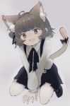  1girl :d ahoge animal_ears bangs between_legs black_bow black_ribbon black_skirt blush bow brown_eyes brown_hair cat_ears cat_girl cat_tail collared_shirt eyebrows_visible_through_hair fang full_body grey_background hand_between_legs hatoba_tsugu hatoba_tsugu_(character) head_tilt highres kemonomimi_mode mole mole_under_eye open_mouth pantyhose ribbon sha2mo shirt skirt smile solo suspender_skirt suspenders tail tail_raised virtual_youtuber white_legwear white_shirt 