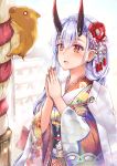 1girl :d animal bangs blue_sky blurry blurry_background blush boar chinese_zodiac clouds cloudy_sky commentary_request day depth_of_field eyebrows_visible_through_hair fate/grand_order fate_(series) fingernails floral_print flower hair_between_eyes hair_flower hair_ornament hands_up highres horns japanese_clothes jewelry kimono konka long_hair looking_at_animal looking_away looking_up nail_polish obi oni oni_horns open_mouth orange_nails outdoors own_hands_together palms_together praying print_kimono purple_flower red_eyes red_flower ring sash silver_hair sky smile solo tomoe_gozen_(fate/grand_order) white_flower white_kimono year_of_the_pig 