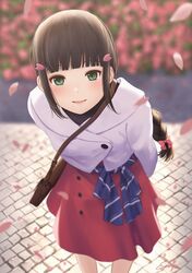  1girl arms_behind_back bag bangs black_hair blunt_bangs blush flower green_eyes handbag highres kurosawa_dia leaning_forward long_hair looking_at_viewer love_live! love_live!_school_idol_project love_live!_sunshine!! mole mole_under_mouth open_mouth outdoors papi_(papiron100) petals red_skirt sash signature skirt smile solo 