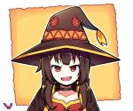  1girl :d brown_hair button_eyes cape collar collarbone commentary_request eyebrows_visible_through_hair face hat highres kono_subarashii_sekai_ni_shukufuku_wo! long_hair looking_at_viewer megumin open_mouth outline portrait red_eyes smile solo v-shaped_eyebrows white_outline witch_hat yukohari 