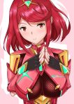  1girl absurdres armor bangs breasts commentary_request eyebrows_visible_through_hair gem hair_ornament headpiece highres pyra_(xenoblade) jewelry large_breasts looking_at_viewer nintendo pink_background red_eyes redhead short_hair simple_background smile solo swept_bangs theakingu tiara xenoblade_(series) xenoblade_2 