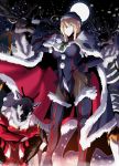  2girls animal_costume antlers artoria_pendragon_(all) artoria_pendragon_(lancer_alter) blonde_hair breasts cleavage fate/grand_order fate_(series) full_moon green_eyes hair_between_eyes hand_on_hip hat highres large_breasts looking_at_viewer moon mordred_(fate)_(all) multiple_girls reindeer_antlers reindeer_costume ribbon santa_costume santa_hat snowing squatting takatsuki_nato thigh-highs thighs 