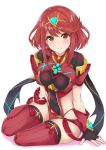  1girl arm_support bangs black_gloves blush breasts closed_mouth commentary_request covered_navel eyebrows_visible_through_hair fingerless_gloves full_body gloves highres pyra_(xenoblade) impossible_clothes large_breasts looking_at_viewer midriff nintendo orange_eyes red_legwear red_shorts redhead short_hair short_shorts shorts shoulder_armor sidelocks sitting skindentation smile solo swept_bangs tetora_(yumejihuka) thigh-highs tiara wrist_guards xenoblade_(series) xenoblade_2 yokozuwari 