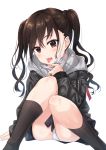  1girl :o arm_support ass bangs black_jacket black_legwear black_skirt blush brown_eyes brown_hair eyebrows_visible_through_hair feet_out_of_frame hair_between_eyes hand_up head_tilt highres hood hood_down hooded_jacket idolmaster idolmaster_cinderella_girls jacket kneehighs knees_up long_hair long_sleeves looking_at_viewer mask_pull miniskirt mole mole_under_eye open_mouth panties pleated_skirt sharp_teeth sidelocks simple_background sitting skirt sleeves_past_wrists solo sunazuka_akira surgical_mask teeth thighs tongue tongue_out tsukiman twintails underwear wavy_hair white_background white_panties zipper_pull_tab 