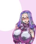  1girl breasts brown_eyes fate/stay_night fate_(series) glasses highres kikuta large_breasts long_hair looking_at_viewer marker_(medium) millipen_(medium) open_mouth purple_hair rider smile solo square_pupils sweater teeth tongue traditional_media turtleneck turtleneck_sweater upper_body 