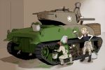  3girls :d alisa_(girls_und_panzer) black_footwear black_shirt black_shorts blonde_hair boots brown_jacket bucket closed_eyes commentary_request emblem facing_another girls_und_panzer gloves grey_gloves ground_vehicle hair_intakes hand_on_hip holding_brush jacket kay_(girls_und_panzer) long_hair long_sleeves m4_sherman midriff military military_uniform military_vehicle motor_vehicle multiple_girls naomi_(girls_und_panzer) navel open_mouth overalls paint paint_splatter paintbrush painting ree_(re-19) saunders_military_uniform shadow shirt shirt_pull short_hair short_twintails shorts sitting smile squatting standing star tank tank_top tied_shirt twintails uniform very_short_hair 