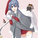  :d akahi242 bag blue_eyes blue_hair dress eyebrows_visible_through_hair fur-trimmed_sleeves fur_trim gloves gotland_(kantai_collection) grey_coat grey_gloves hair_bun hat holding holding_bag kantai_collection long_hair looking_at_viewer mole mole_under_eye open_mouth pink_background red_dress red_hat santa_hat sheep simple_background smile thigh-highs white_legwear 