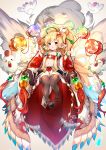  1girl animal animal_ears bandeau bare_shoulders beads bird black_footwear blonde_hair brown_legwear chicken collarbone commentary_request dated detached_sleeves ear_piercing feathers glint glowing granblue_fantasy hair_beads hair_feathers hair_ornament harvin high_ponytail highres holding long_hair long_sleeves mahira_(granblue_fantasy) navel open_mouth pelvic_curtain piercing pilokey ponytail red_bandeau signature solo thigh-highs very_long_hair white_feathers white_sleeves wide_sleeves 