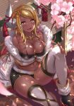  1girl a-na ankle_boots bangs bare_shoulders belt bikini black_bikini black_footwear black_shorts blonde_hair blush boots breasts cherry_blossoms cleavage collarbone dappled_sunlight dark_skin day eyebrows_visible_through_hair from_above fur granblue_fantasy hand_on_own_knee highres horn_ornament horns jewelry knee_up kuvira_(granblue_fantasy) large_breasts long_hair long_sleeves looking_at_viewer looking_up navel necklace off_shoulder on_floor outdoors petals pointy_ears short_shorts shorts sidelocks sitting skindentation solo stomach sunlight swept_bangs swimsuit tassel tatami thigh-highs thong upper_teeth v-shaped_eyebrows white_legwear wide_sleeves wooden_floor yellow_eyes 