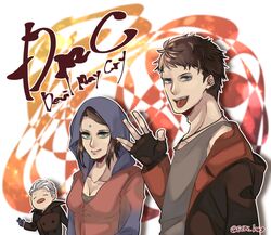  1girl 8134_ksrg black_hair breasts cleavage commentary_request dante_(dmc:_devil_may_cry) devil_may_cry dmc:_devil_may_cry facial_mark forehead_mark gloves green_eyes hood hoodie jacket jewelry kat_(devil_may_cry) medium_hair multiple_boys necklace vergil 