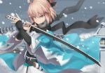  1girl black_bow black_scarf blonde_hair bow clouds cloudy_sky fate_(series) green_eyes hair_between_eyes hair_bow haori high_ponytail highres holding holding_sword holding_weapon japanese_clothes katana kimono koha-ace kou_v05first long_sleeves looking_at_viewer okita_souji_(fate) okita_souji_(fate)_(all) outdoors scarf short_hair short_ponytail sky snowing solo sword weapon white_kimono wide_sleeves 