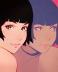  1girl bangs black_hair blue_eyes blunt_bangs collarbone eyeshadow highres ilya_kuvshinov looking_at_viewer looking_back makeup original red_background reflection short_hair smile solo 