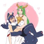  2girls absurdres animal_ears blue_eyes blush breasts closed_eyes dress fangs fingerless_gloves fire_emblem fire_emblem:_kakusei frogbians fur furry gloves green_eyes green_hair highres jewelry kid_icarus long_hair lucina monster_girl multiple_girls navel nintendo open_mouth palutena sharp_teeth shorts simple_background smile super_smash_bros. super_smash_bros._ultimate tail teeth thigh-highs tiara very_long_hair werewolf wolf wolf_ears wolf_tail yuri 