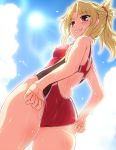  1girl adjusting_clothes adjusting_swimsuit blonde_hair blue_sky clouds commentary_request competition_swimsuit cowboy_shot day erect_nipples fate/grand_order fate_(series) from_below green_eyes grin highres long_hair mordred_(fate)_(all) one-piece_swimsuit outdoors ponytail red_swimsuit sky smile solo standing sun swimsuit yoshi_tama 