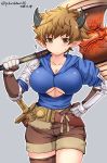  1girl akari_seisuke axe blue_background breasts brown_eyes brown_hair dated draph fighter_(granblue_fantasy) genderswap genderswap_(mtf) gran_(granblue_fantasy) granblue_fantasy hand_on_hip highres holding holding_axe holding_weapon horns large_breasts looking_at_viewer pointy_ears ponytail shorts simple_background sword thighs twitter_username under_boob weapon 