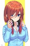  1girl artist_name blue_eyes blue_jacket blush breasts cleavage closed_mouth collared_shirt commentary_request dated fingernails go-toubun_no_hanayome hair_between_eyes hair_over_one_eye hands_up headphones headphones_around_neck highres jacket long_sleeves medium_breasts nakano_miku neps-l redhead shirt smile solo two-tone_background upper_body white_background white_shirt wing_collar yellow_background 