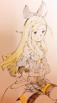  1girl ahoge blonde_hair bow bravely_default_(series) breasts cleavage commentary_request dress edea_lee gloves hair_bow long_hair nanpou_(nanpou0021) skirt smile solo thigh-highs 