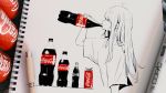  1girl blurry blush bottle can closed_eyes coca-cola depth_of_field drinking from_side hanecha1220 highres long_hair marker marker_(medium) original photo shirt short_sleeves traditional_media upper_body white_shirt wide_sleeves 