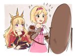  2girls ange_(angeban93) arm_guards armor bangs blonde_hair brown_eyes cagliostro_(granblue_fantasy) cape collarbone commission cropped_torso djeeta_(granblue_fantasy) gauntlets genderswap genderswap_(mtf) granblue_fantasy hairband hand_on_own_chin happy long_hair looking_at_another mirror multiple_girls open_mouth pink_hairband pink_ribbon puffy_sleeves red_cape ribbon short_hair smile sparkle tiara upper_body violet_eyes 