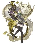 1girl arrow bare_shoulders belt birdcage boots bow_(weapon) brown_hair cage dark_persona detached_sleeves empty_eyes energy_arrow expressionless flat_chest full_body garter_straps green_eyes gretel_(sinoalice) half-nightmare hansel_(sinoalice) hood hood_up ji_no looking_at_viewer official_art pale_skin sinoalice solo thigh-highs thigh_boots transparent_background weapon 