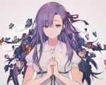  1girl animal bug butterfly closed_mouth collared_dress commentary dress fate/stay_night fate_(series) grey_background hair_ribbon hands_up insect interlocked_fingers long_hair matou_sakura nagu puffy_short_sleeves puffy_sleeves purple_hair red_ribbon ribbon short_sleeves smile solo violet_eyes white_dress 