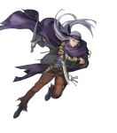  1boy belt boots cape dagger fingerless_gloves fire_emblem fire_emblem:_rekka_no_ken fire_emblem_heroes full_body gloves headband highres key legault long_hair male_focus nintendo official_art p-nekor purple_hair scar solo torn_clothes transparent_background violet_eyes weapon 