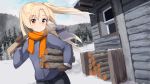  1girl ame. axe azur_lane bangs black_pants blonde_hair blue_jacket blue_sky blush brown_mittens building carrying_under_arm cleveland_(azur_lane) closed_mouth clouds cloudy_sky commentary_request day eyebrows_visible_through_hair firewood fur-trimmed_sleeves fur_trim holding holding_axe jacket long_hair long_sleeves mittens mountain one_side_up outdoors pants red_eyes sky smile solo very_long_hair window 