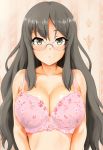  1girl bangs bare_shoulders black_hair bra breasts brown_eyes cleavage closed_mouth collarbone dosaken eyebrows_visible_through_hair floral_print frown futaba_rio glasses highres large_breasts long_hair looking_at_viewer pink_bra print_bra rimless_eyewear seishun_buta_yarou sidelocks solo underwear underwear_only upper_body 