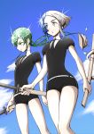  2others androgynous black_neckwear black_shorts blue_eyes blue_hair blue_sky closed_mouth collared_shirt crystal_hair euclase_(houseki_no_kuni) gem_uniform_(houseki_no_kuni) gleam green_eyes green_hair heterochromia highres hokuroryuseigun houseki_no_kuni jade_(houseki_no_kuni) long_hair multicolored_hair multiple_others necktie puffy_short_sleeves puffy_sleeves shirt short_hair short_shorts short_sleeves shorts sky 