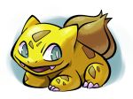  :d alternate_color aqua_eyes bulbasaur claws creature creatures_(company) fangs full_body game_freak gen_1_pokemon happy lying nintendo no_humans not_shiny_pokemon on_stomach open_mouth pokemon pokemon_(creature) simple_background smile solo thumpleweed white_background yellow yellow_skin 